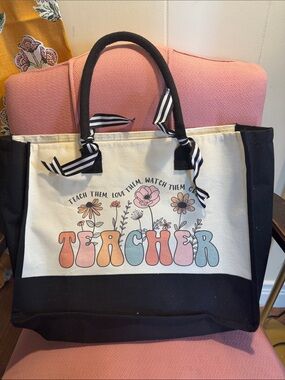 Teacher Canvas Tote Bag in Cream and Black